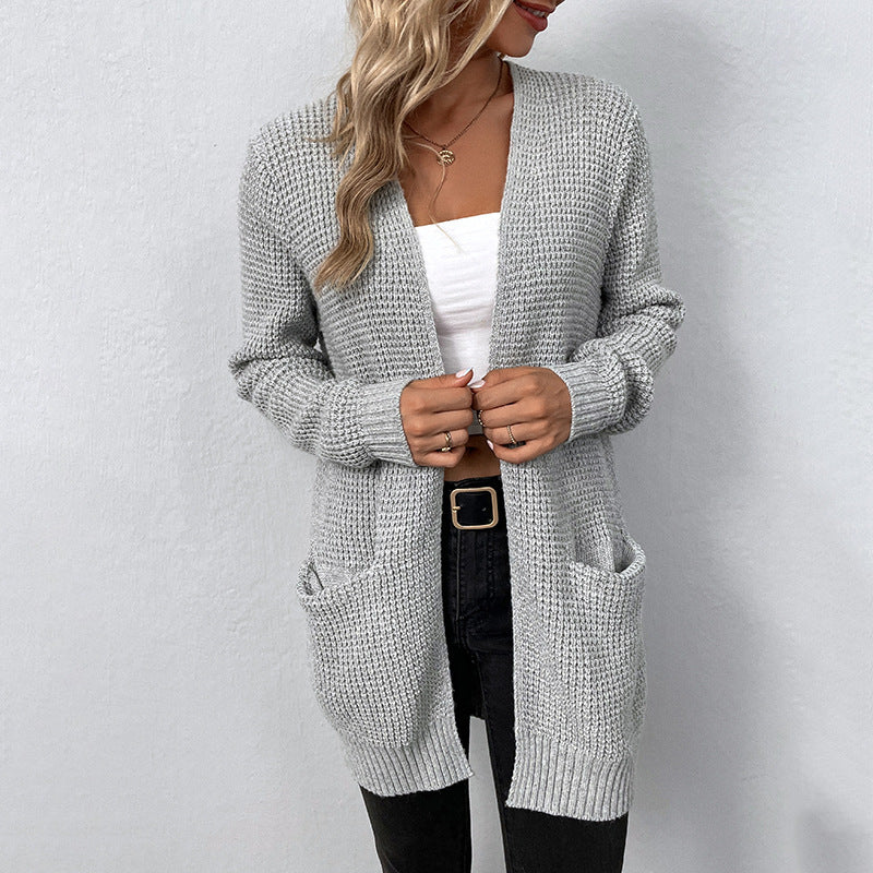 Popular Women's Knitted Solid Color Pocket Sweaters