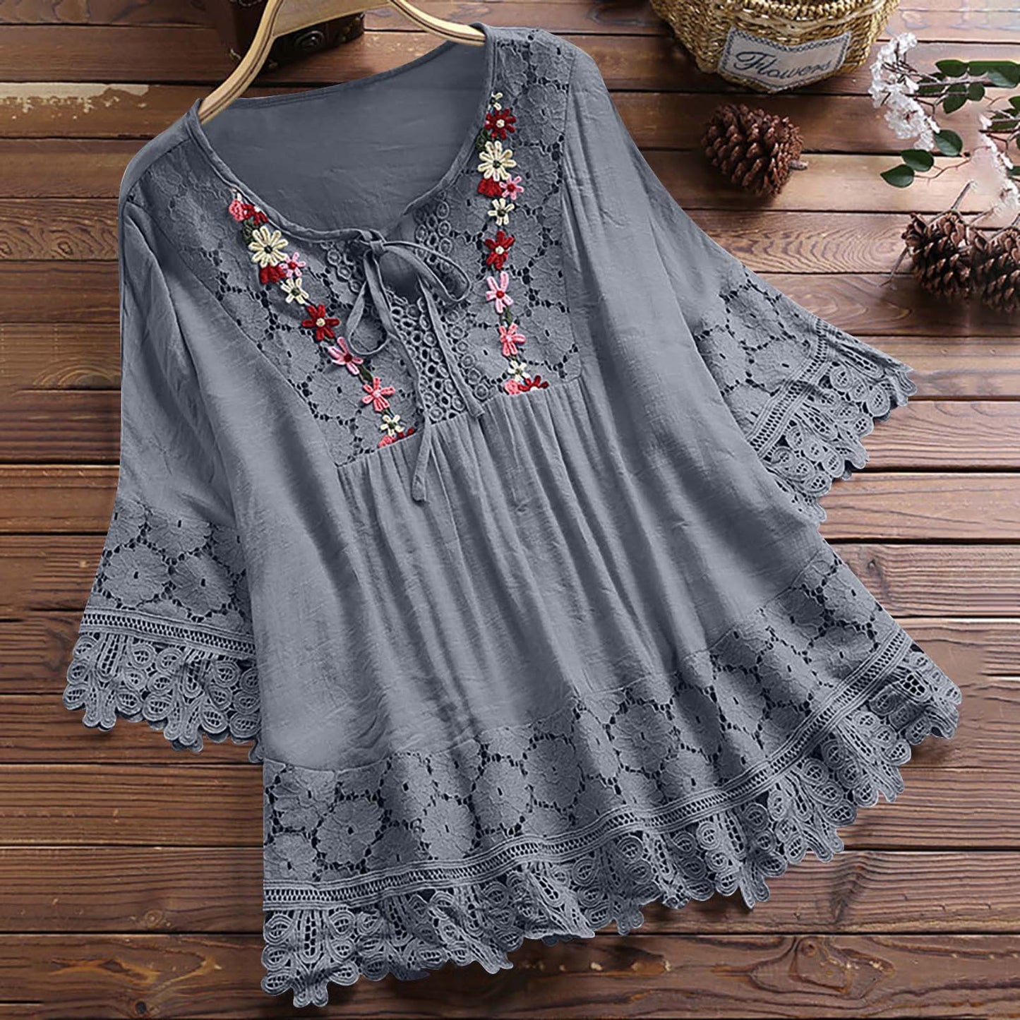 Women's Summer Cotton Linen Stitching Lace Elegant Blouses