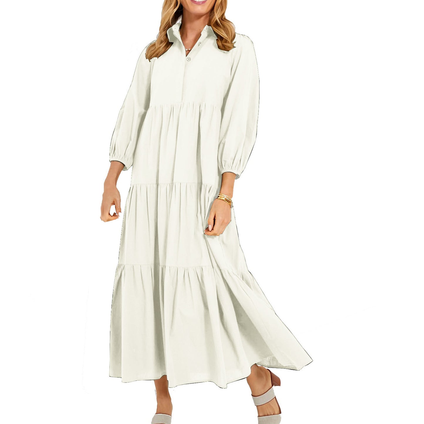 Women's Button Lapel Long Fashion Pullover High Waist Casual Solid Dress
