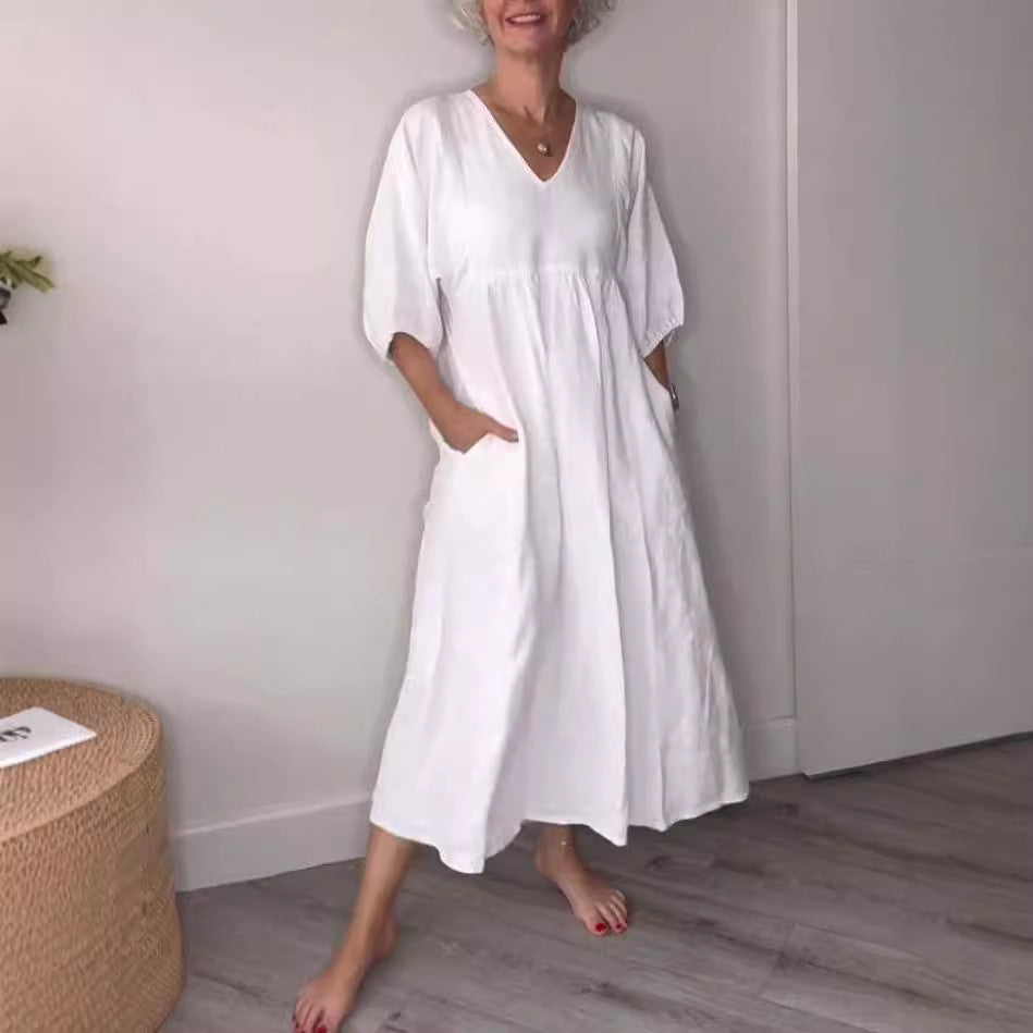 Women's Autumn Cotton Linen Deep Pleated Solid Color Casual Dress