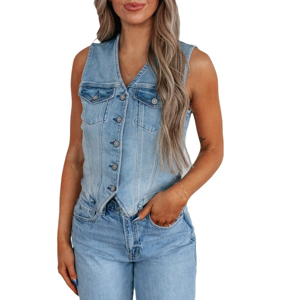 Women's Sleeveless Single-breasted Denim Wash Waistcoat Vests