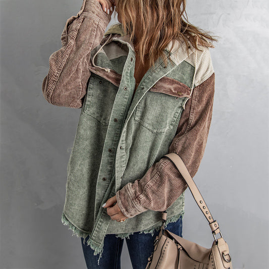 Women's Hooded For Color Contrast Patchwork Single-breasted Jackets