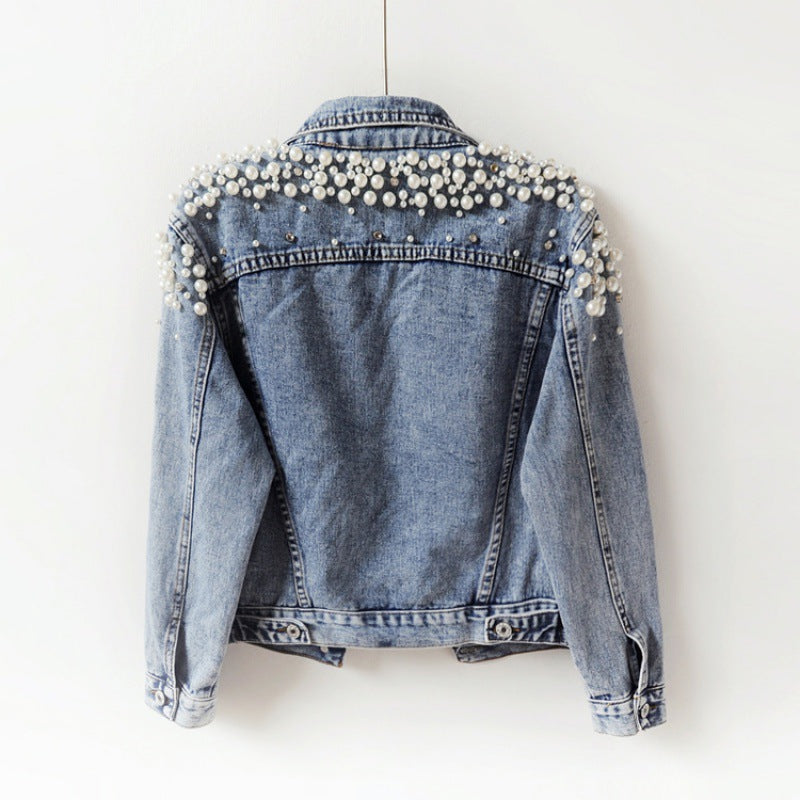Women's Korean Style Fashion Bead Loose Denim Coats