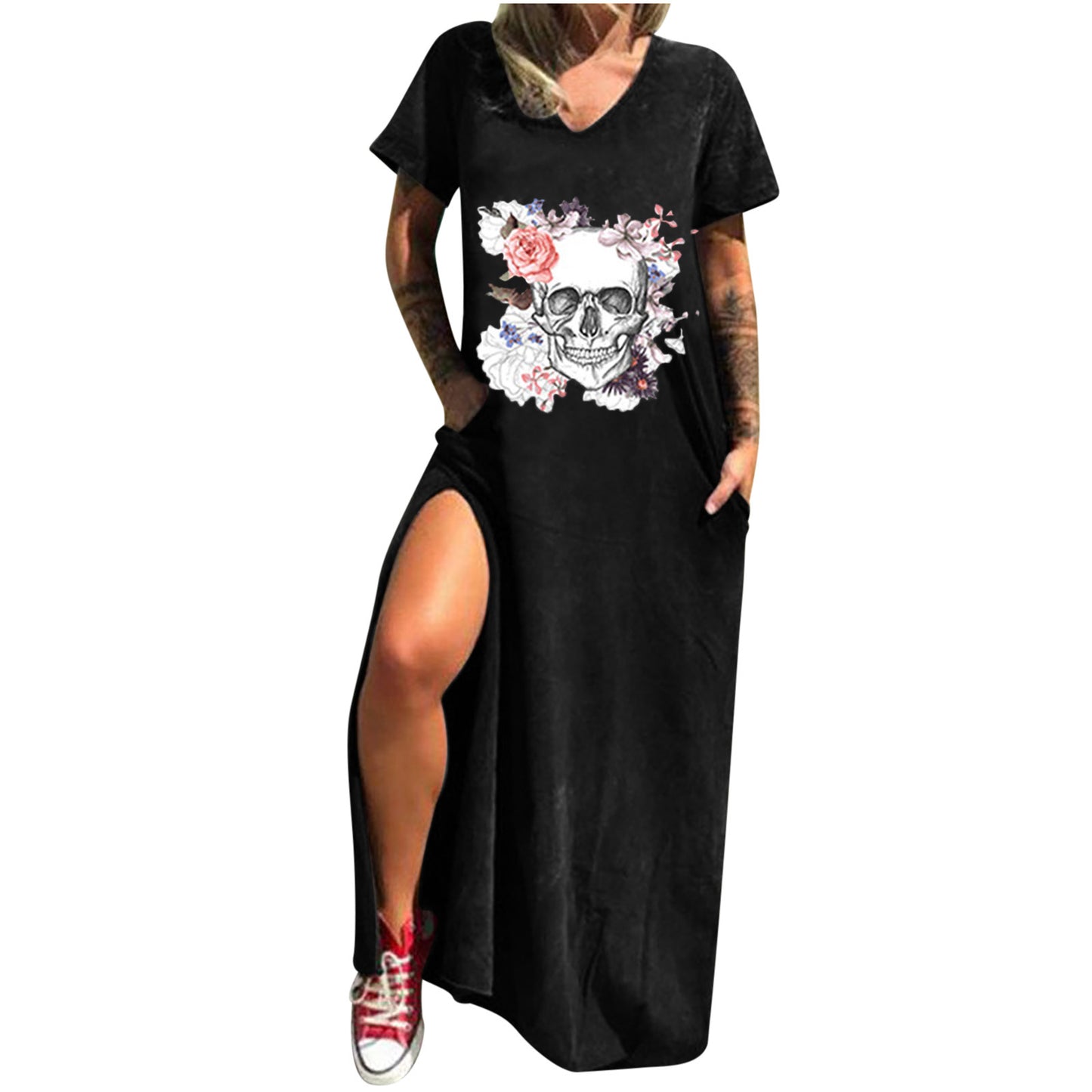 Skull Print Street Fashion Sleeve Slit Shorts