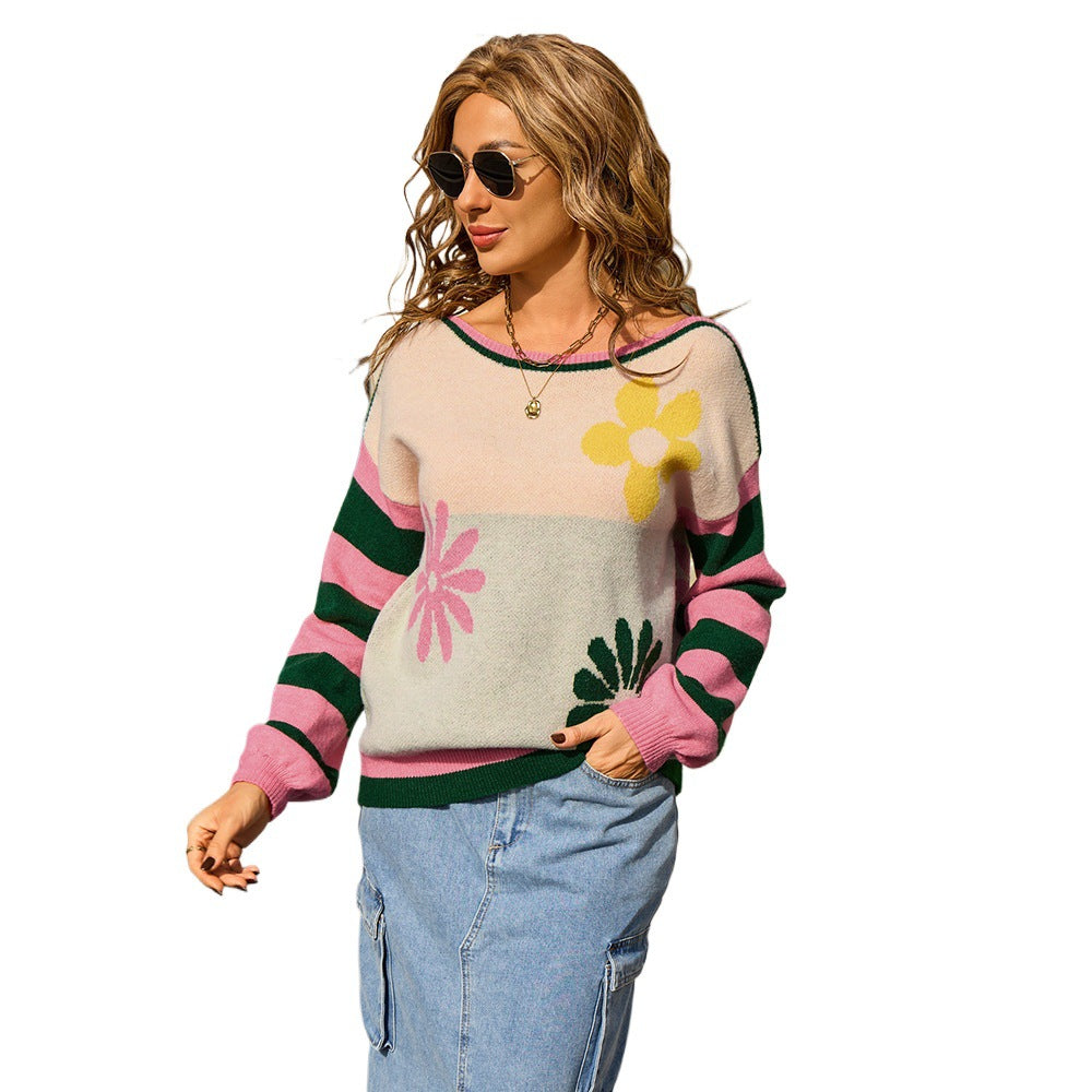Women's Large Stitching Fashion Flower Striped Crew Sweater