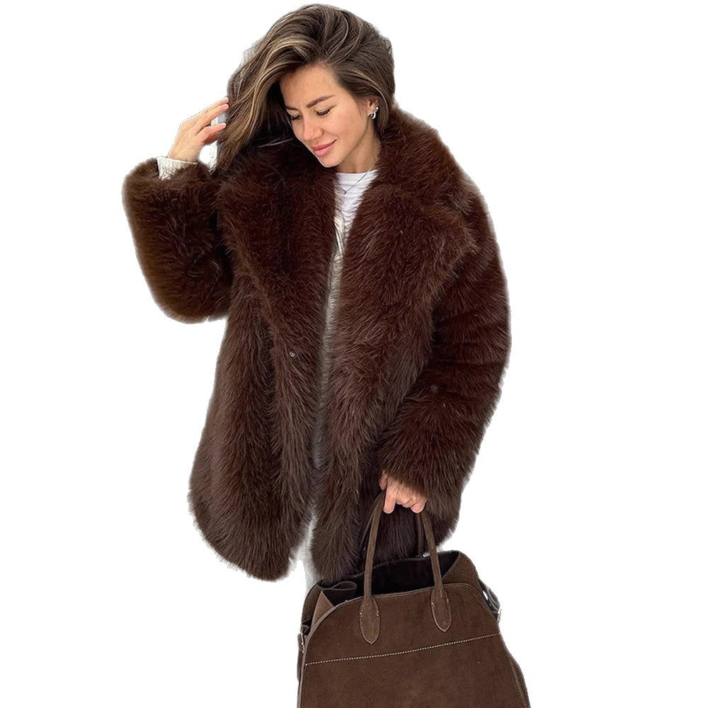 Women's Warm Fox Fur Brown Vintage Imitation Collar Coats