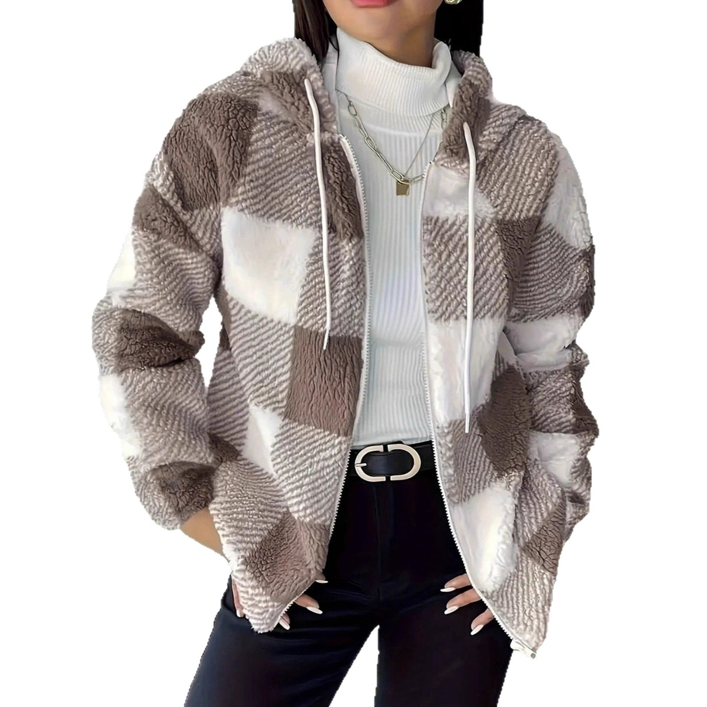 Women's Plaid Loose Casual Hooded Zipper Plush Jackets