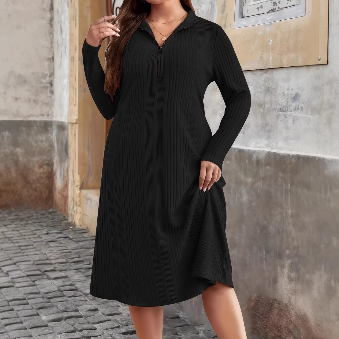 Women's Sunken Stripe Round Neck Zipper Plus Size