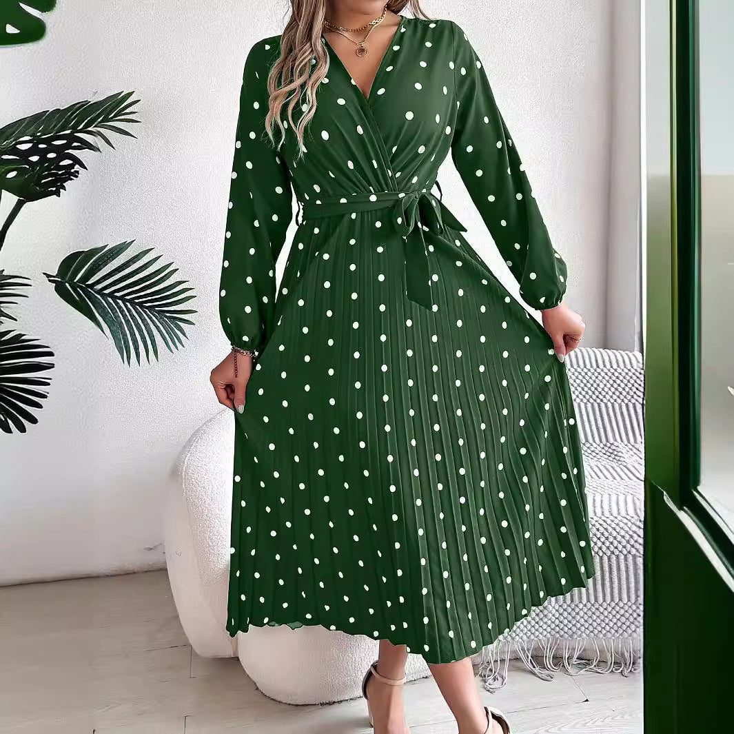 Women's Elegant Contrast Color Polka Dot Cross Pleated Dress