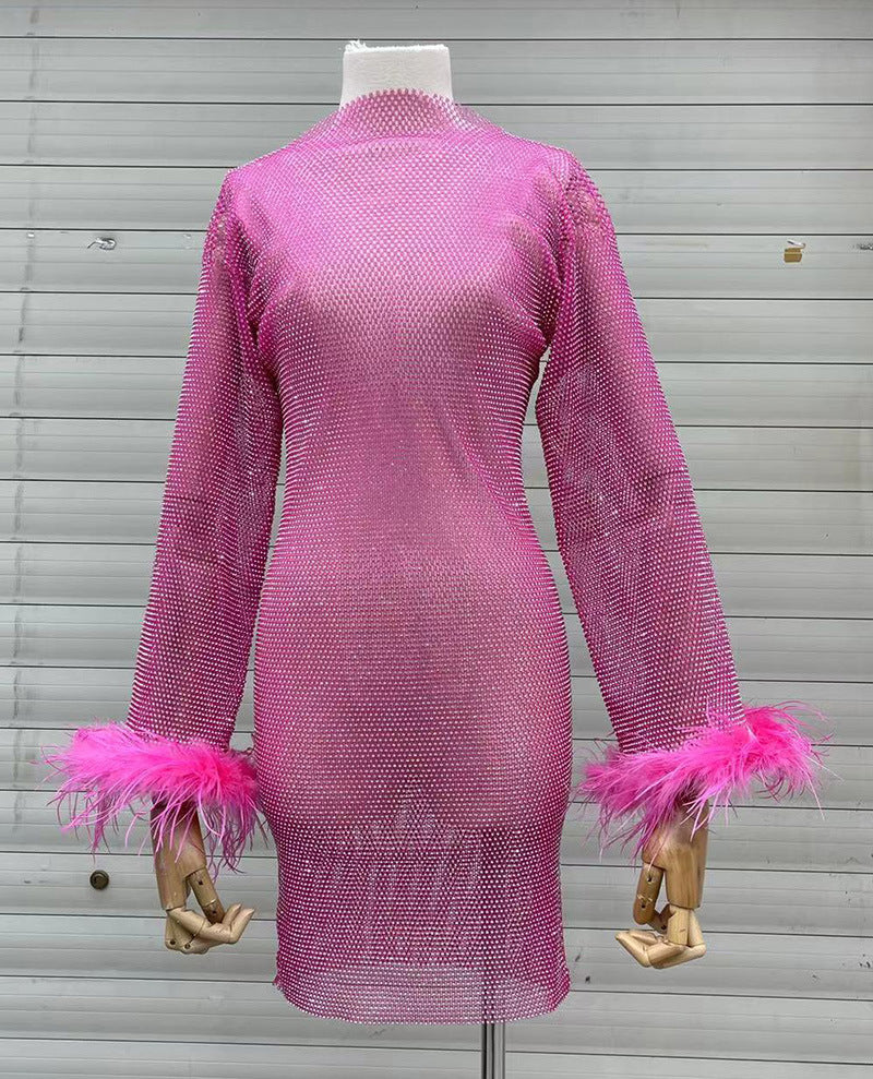 Fashion Luxury Hollow Mesh Ostrich Feather Slimming Bottoming Dress