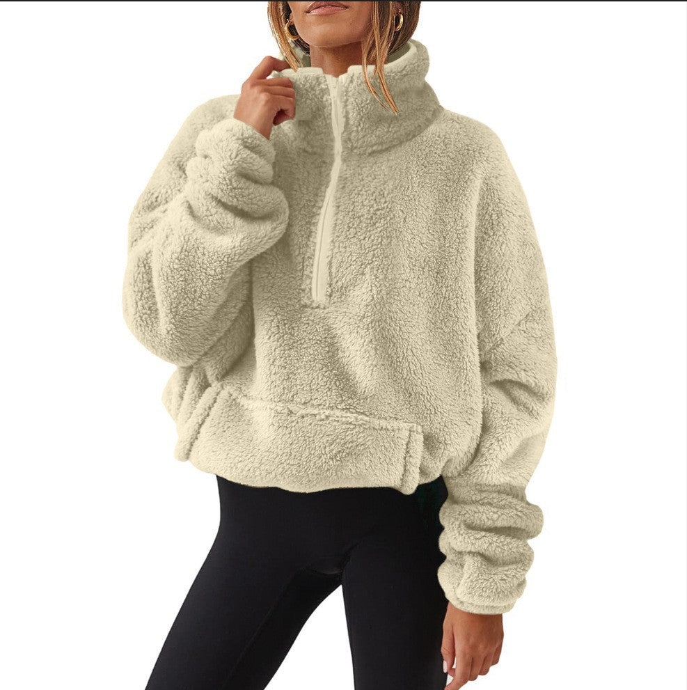 Women's Veet Fleece-lined Half Zipped Stand Collar Women's Sweater, Sweater