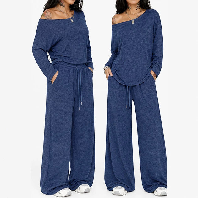 Women's Diagonal Collar Wide Leg Solid Color Fashion Casual Suit