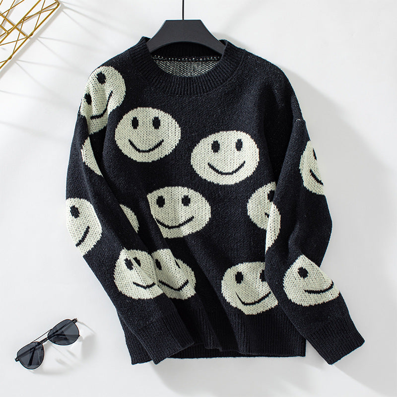 Women's Smiley Face Pattern Pullover For Loose Round Sweaters