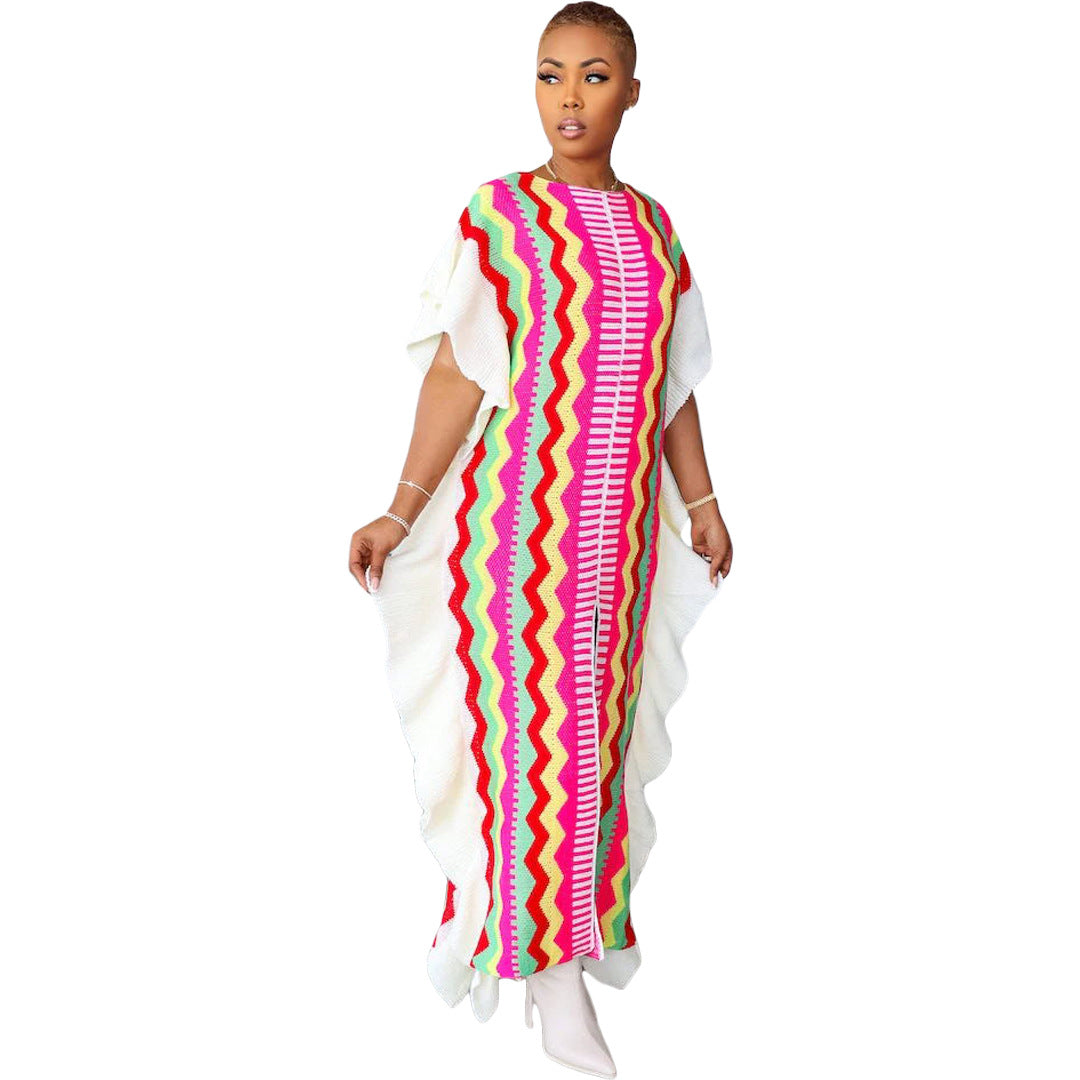 Women's Ruffled Knitted Striped Slit Long Dresses