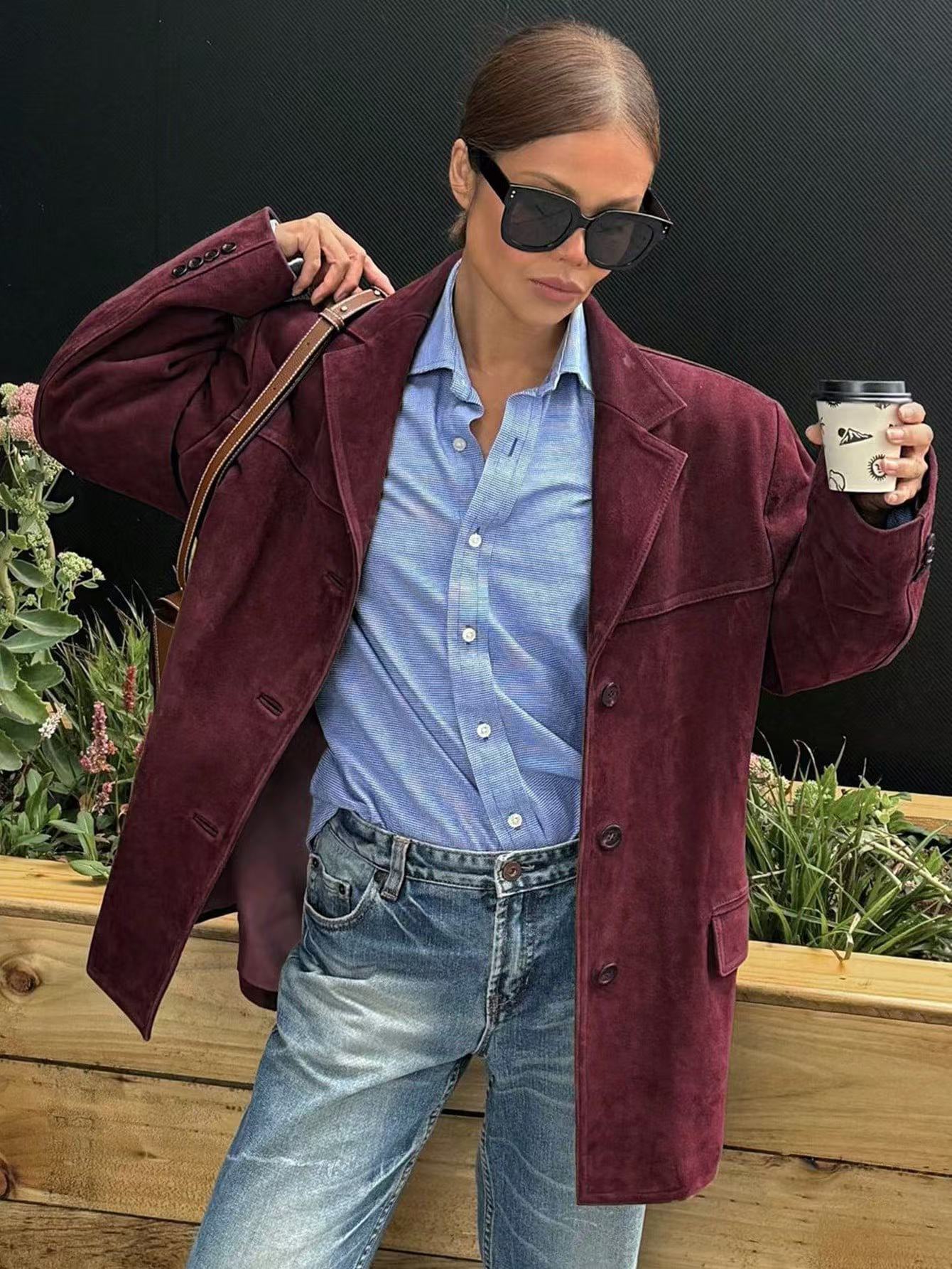 Classy Red Suede Retro Loose Lapels Jackets