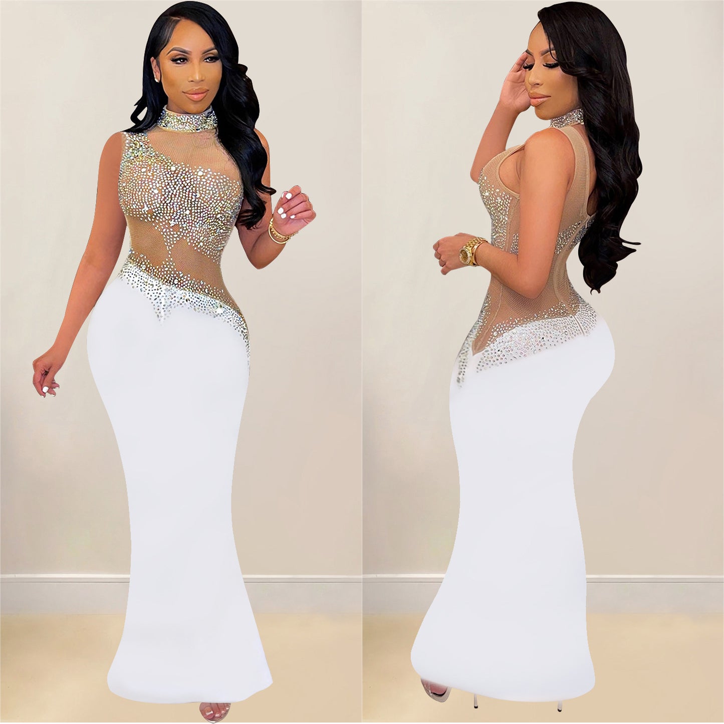 Women's Fashion Wear Rhinestone Mesh Sleeveless Dress Dresses