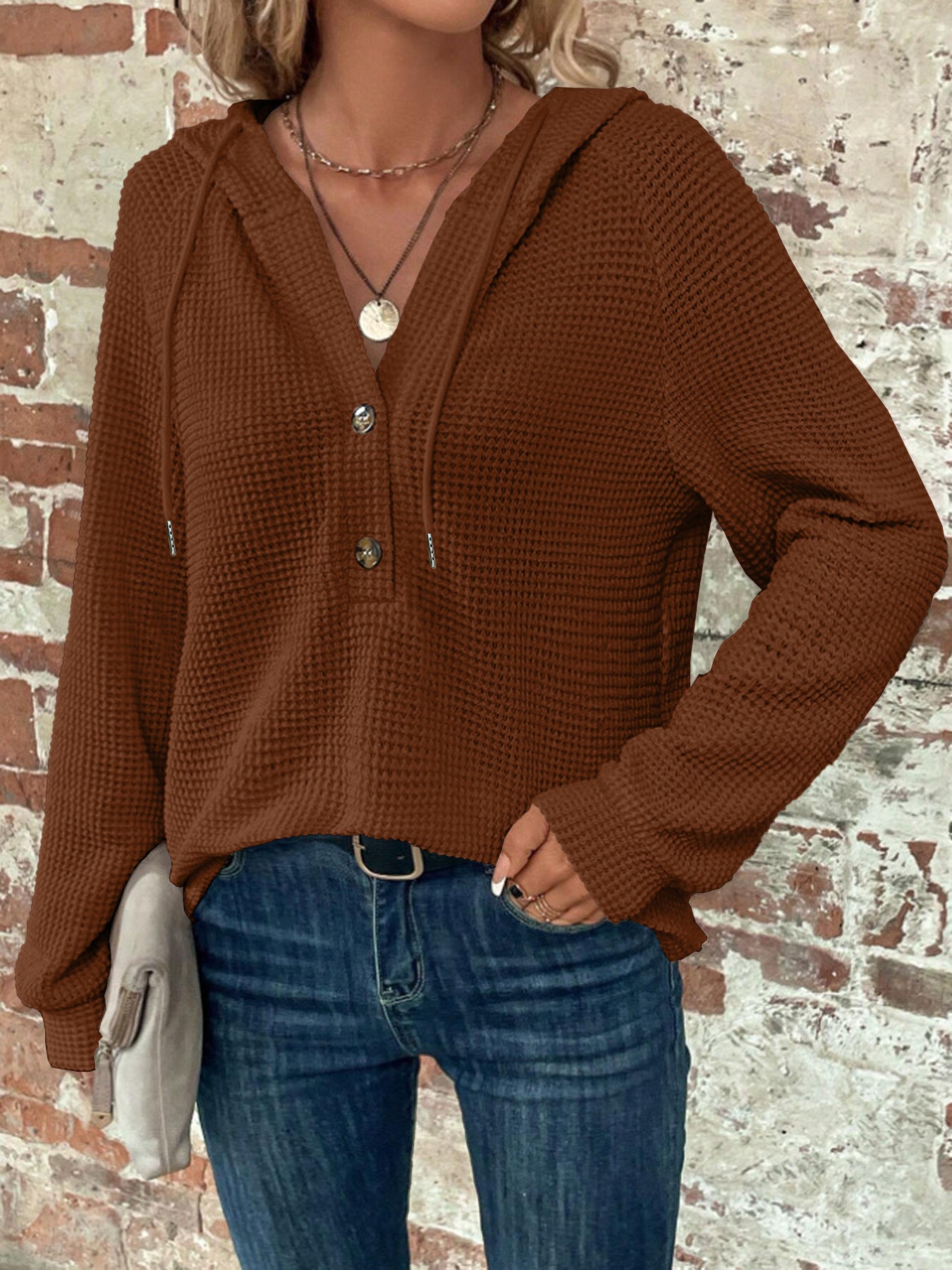 Women's Solid Color Long-sleeved Hooded Button For Women's Sweater, Sweater