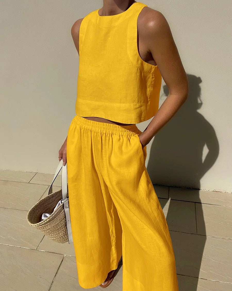 Loose Solid Color Sleeveless Shirt Trousers Fashion Casual Suit