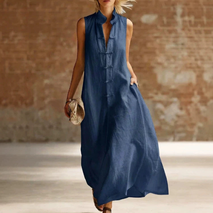 Women's Fashion Stand Collar Frog Buckle Loose Linen Cotton Dress