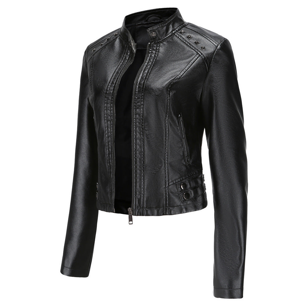 Women's Rivet Leather Long-sleeved Stand Collar Fashion Jackets