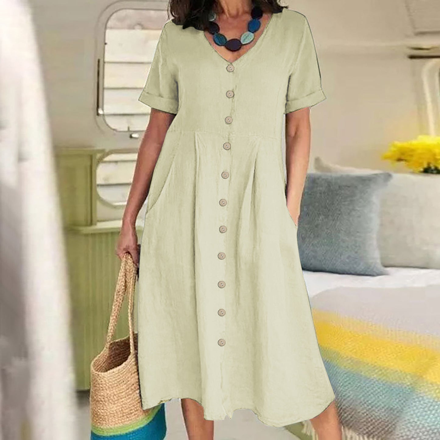 Solid Color Loose High Waist Cotton Dresses