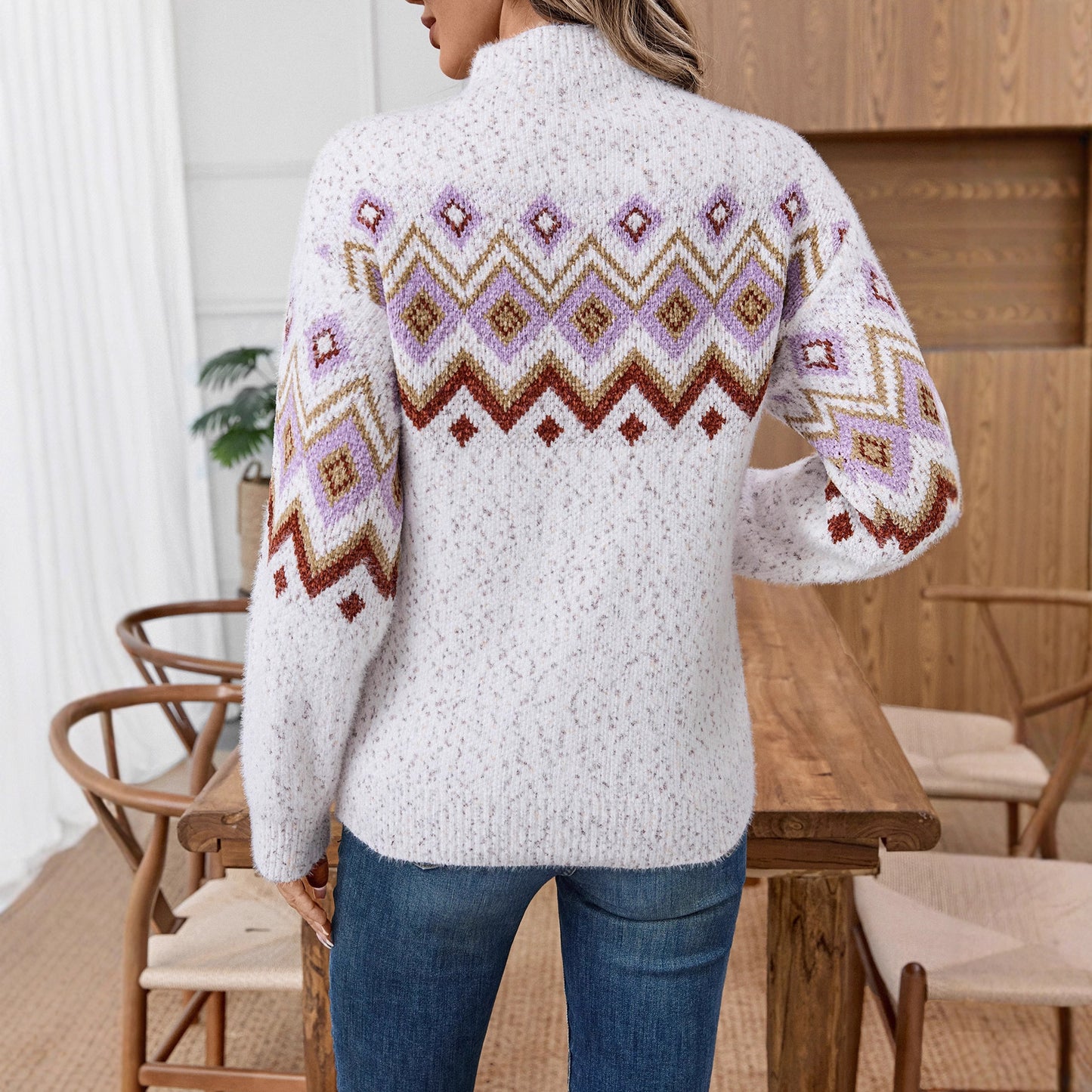 Women's Pullover Half Turtleneck Jacquard Long-sleeved Casual Sweater