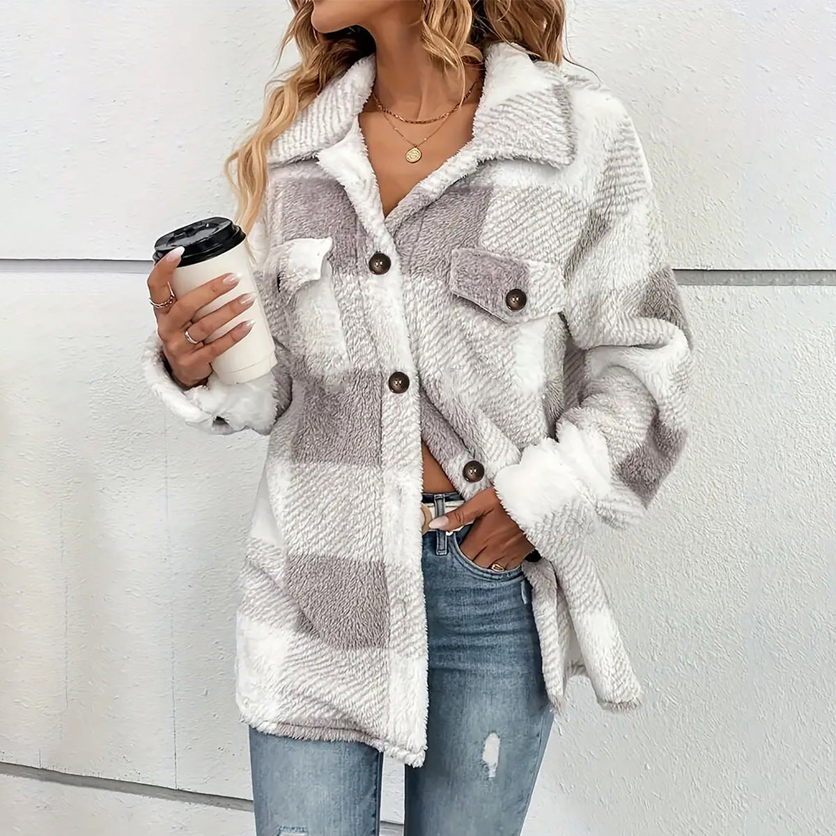 Women's Button Lapel Plush Plaid Loose Casual Coats