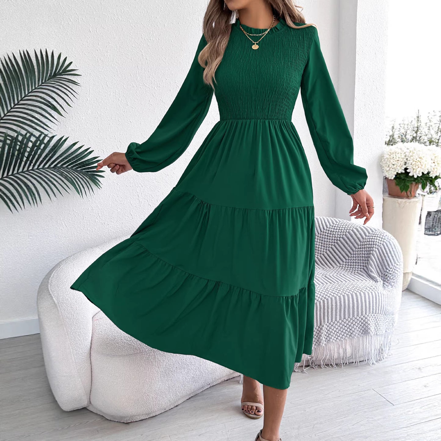 Women's Color Long Sleeve Smocking Slim Fit Dress