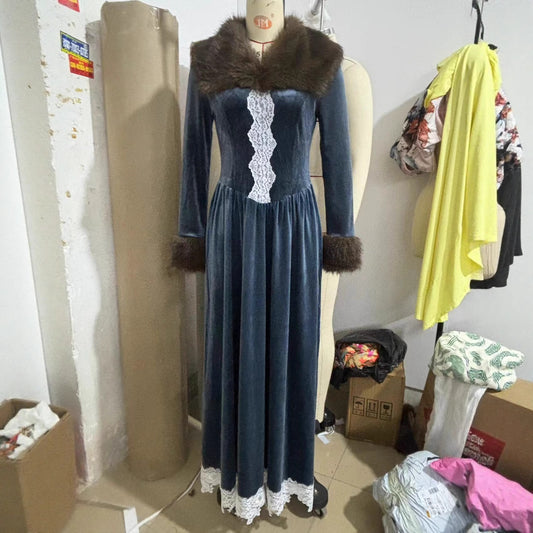 Women's Long Sleeve Fur Collar Lace Dress Dresses
