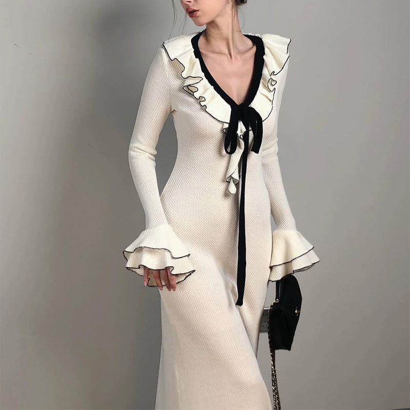 Women's Autumn Ruffled Knitted White Dress Clothing