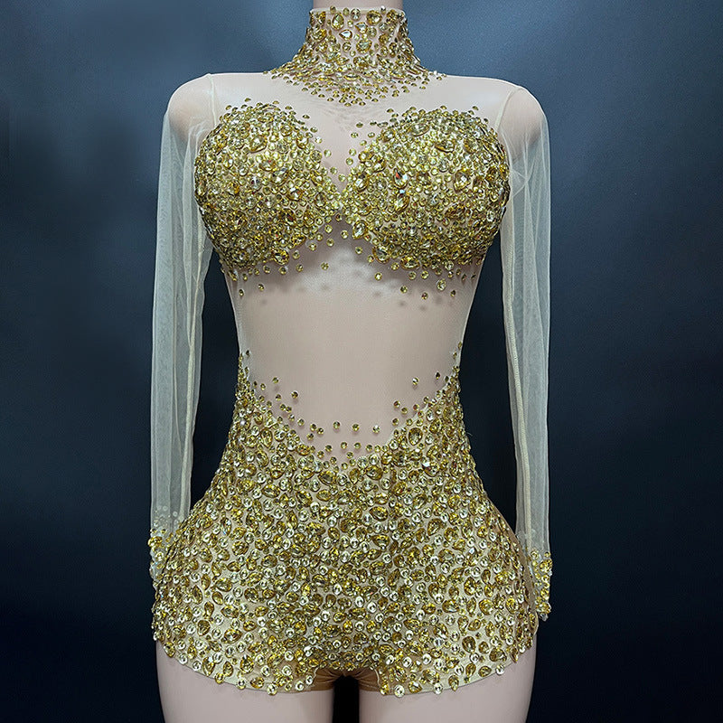 Tulle Fabric Blue Diamond Embellishment Slim Jumpsuits