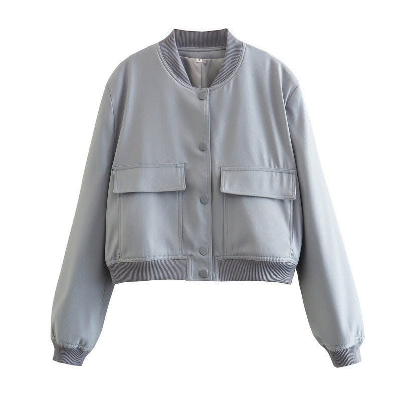 Women's Color Stand Collar Large Pocket Jackets