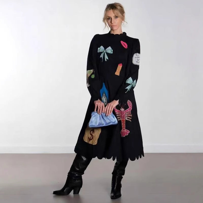 Women's Summer Fashion Wear Crayfish Print Long-sleeved Dresses