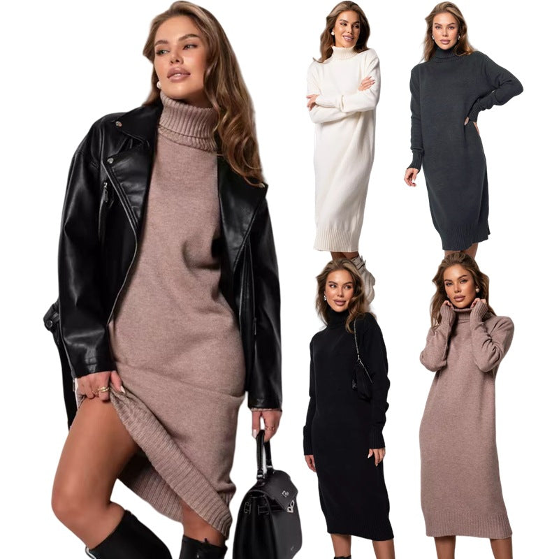 Women's Knitted Long Turtleneck Straight Loose Dress Women's Sweater