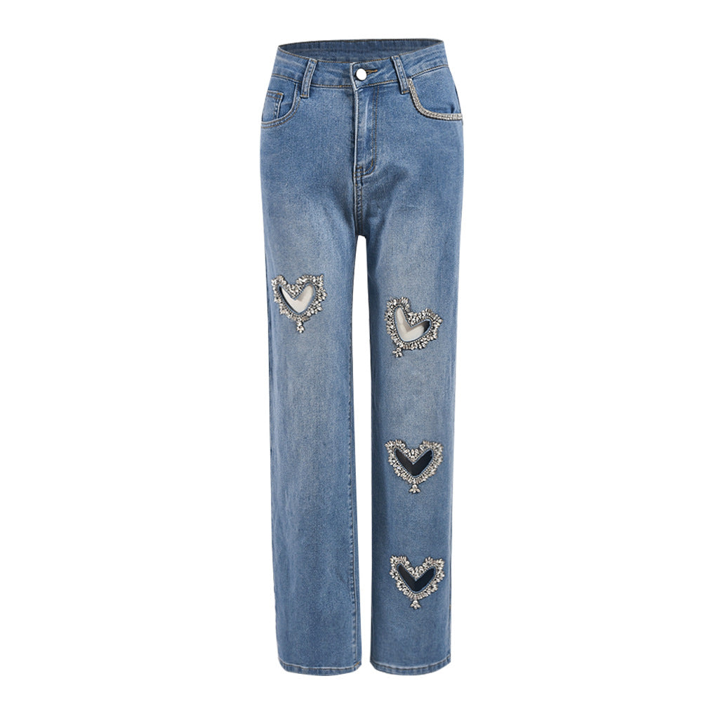 Elastic Denim Summer Washed Rhinestone Love Jeans