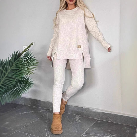 Women's Slit Long Sleeve Crew Neck Casual Suits