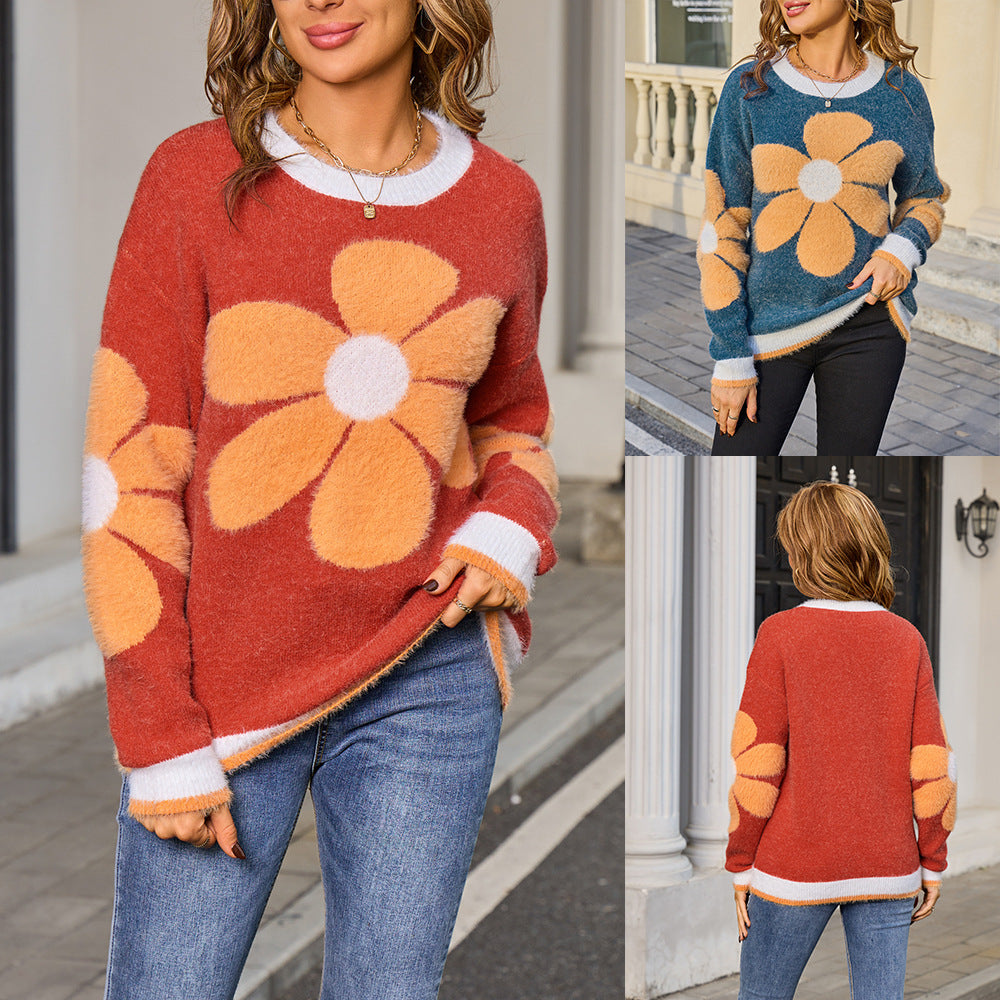 Women's Flower Woolen Long Sleeve Round Neck Sweater