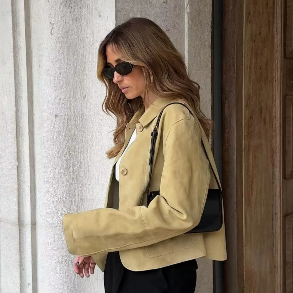 Women's Double Pocket Classic Style Suede Fabric Coats