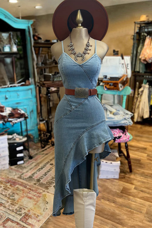 Women's Sling Denim Dress Single Side Bias Dresses
