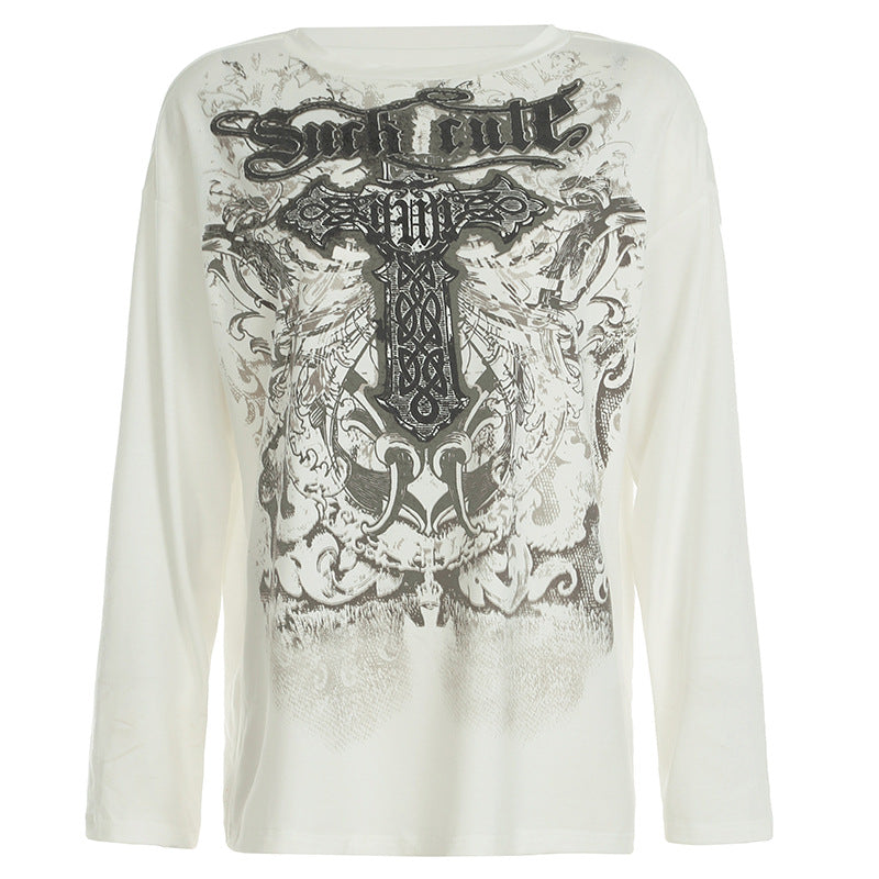 Women's Printed Loose Large Long Sleeve Round Neck Pullover Blouses