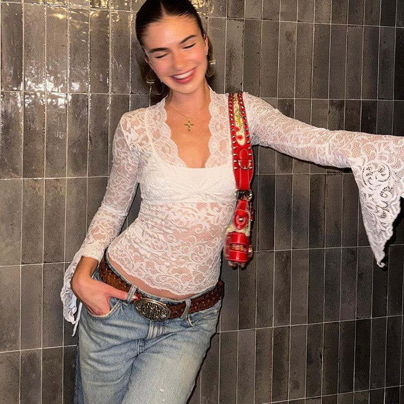 Sexy Deep V Cropped Lace Long-sleeved Blouses