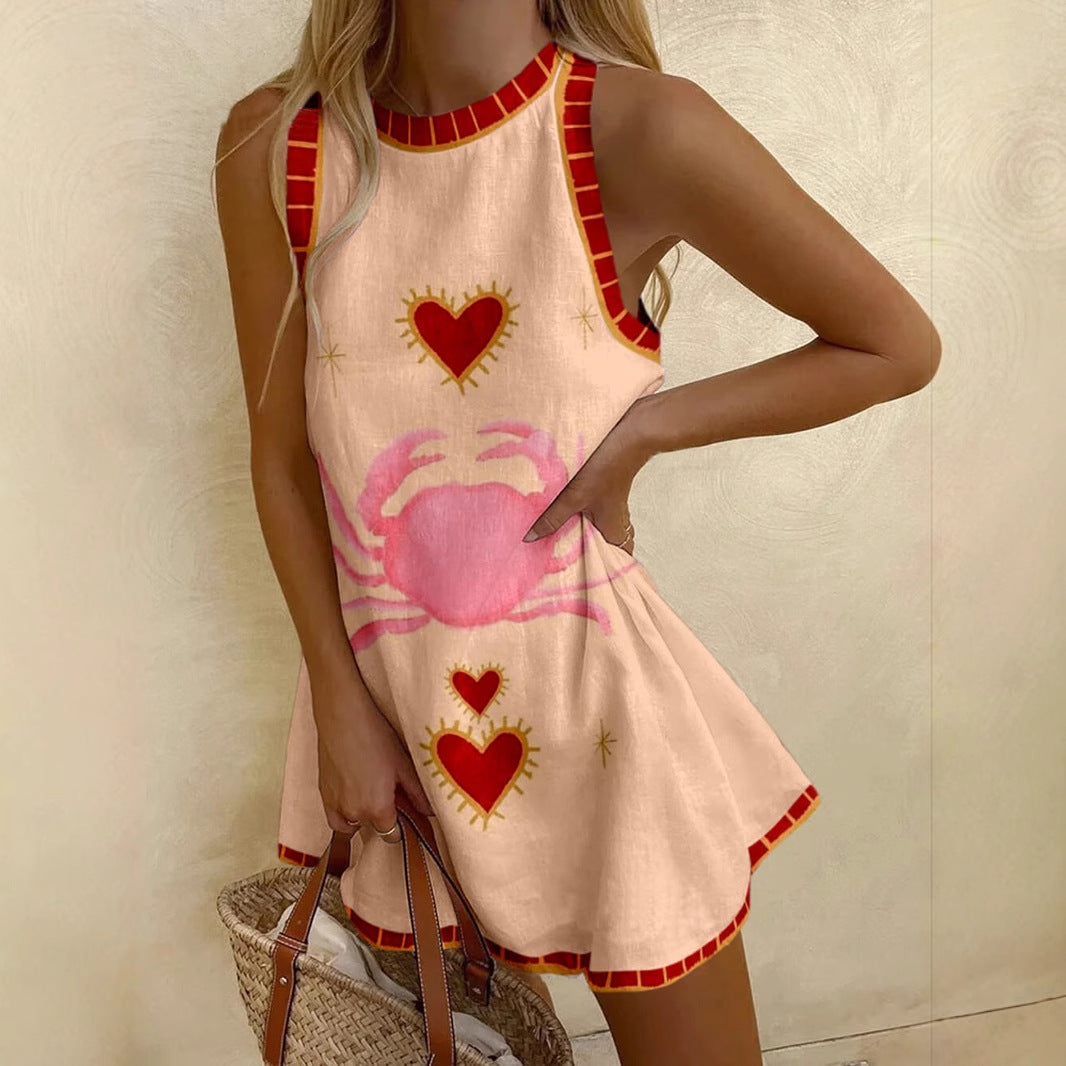 Women's Printed Linen Sleeveless Mini Dress Dresses