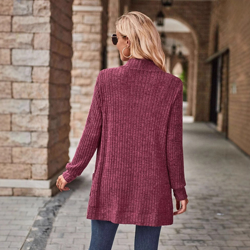 Sleeve Solid Color Rib Fabric Brushed Stitching Women's Sweater