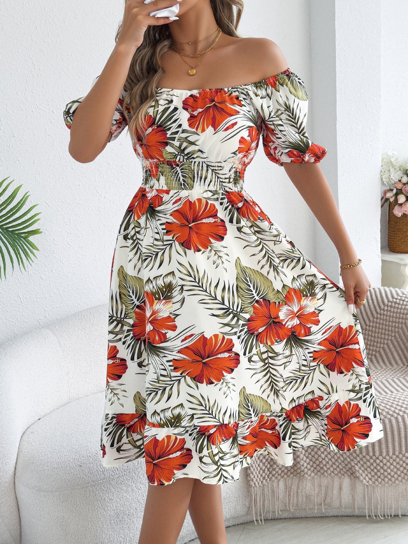 Women's Flower Sleeve Ruffled A- Line Holiday Clothing