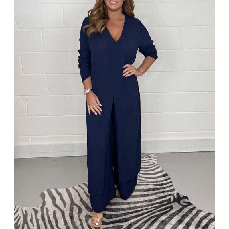 Women's Autumn Pure Color Split Long Shirt Trousers Clothing