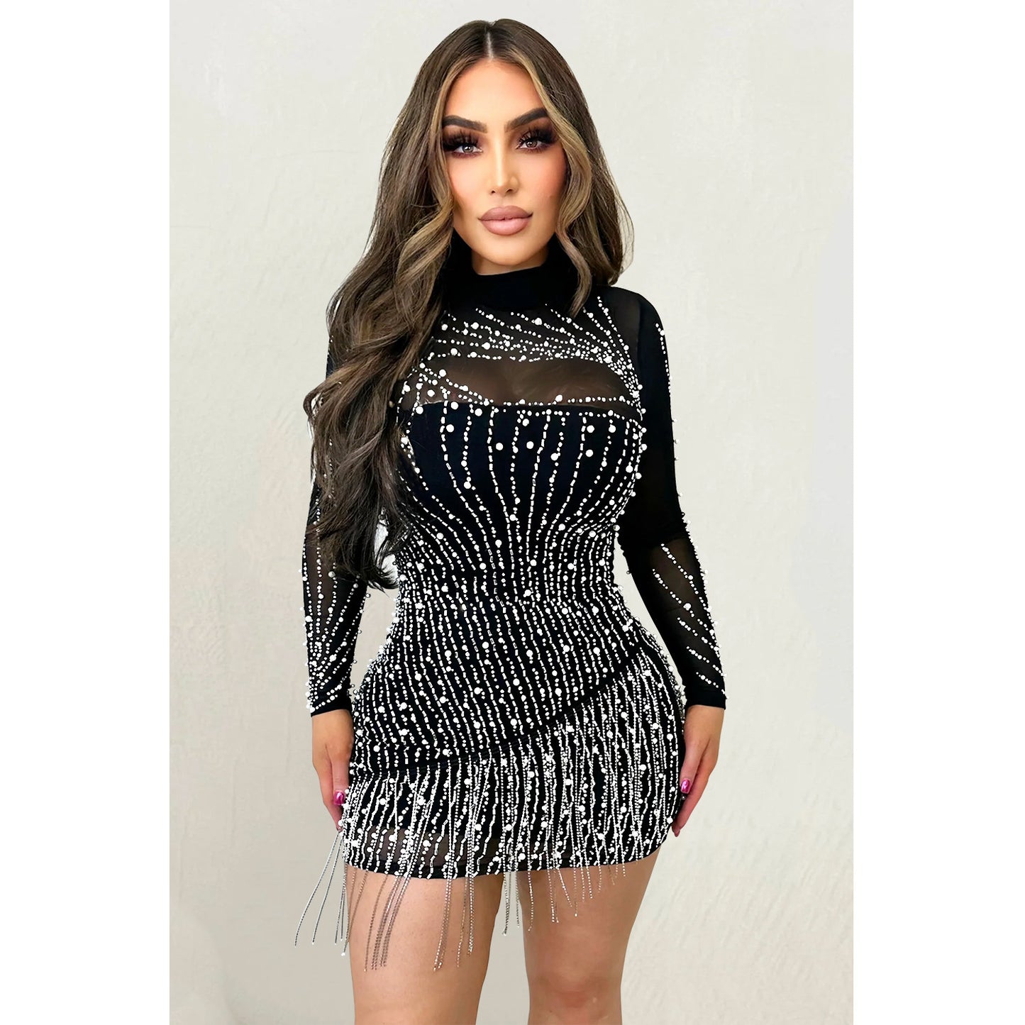 Women's Fashion Wear Long Sleeve Mesh Hot Dresses