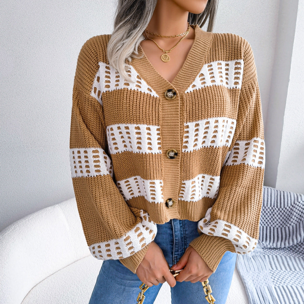 Women's Clearance Design Contrast Color Lantern Sleeve Clothing
