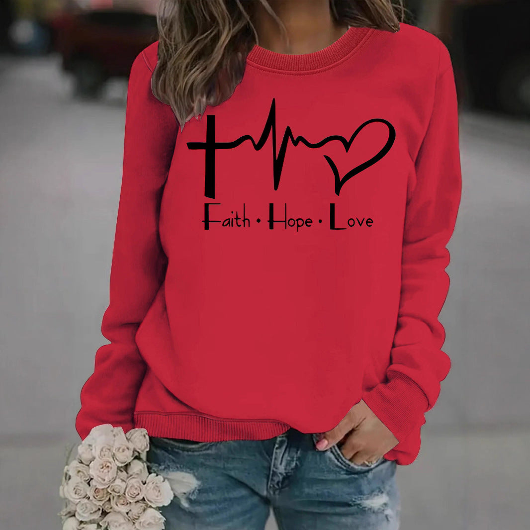 Women's Loose Casual Faith Hope Love Jump Printed Wear Round Neck Women's Sweater, Sweater