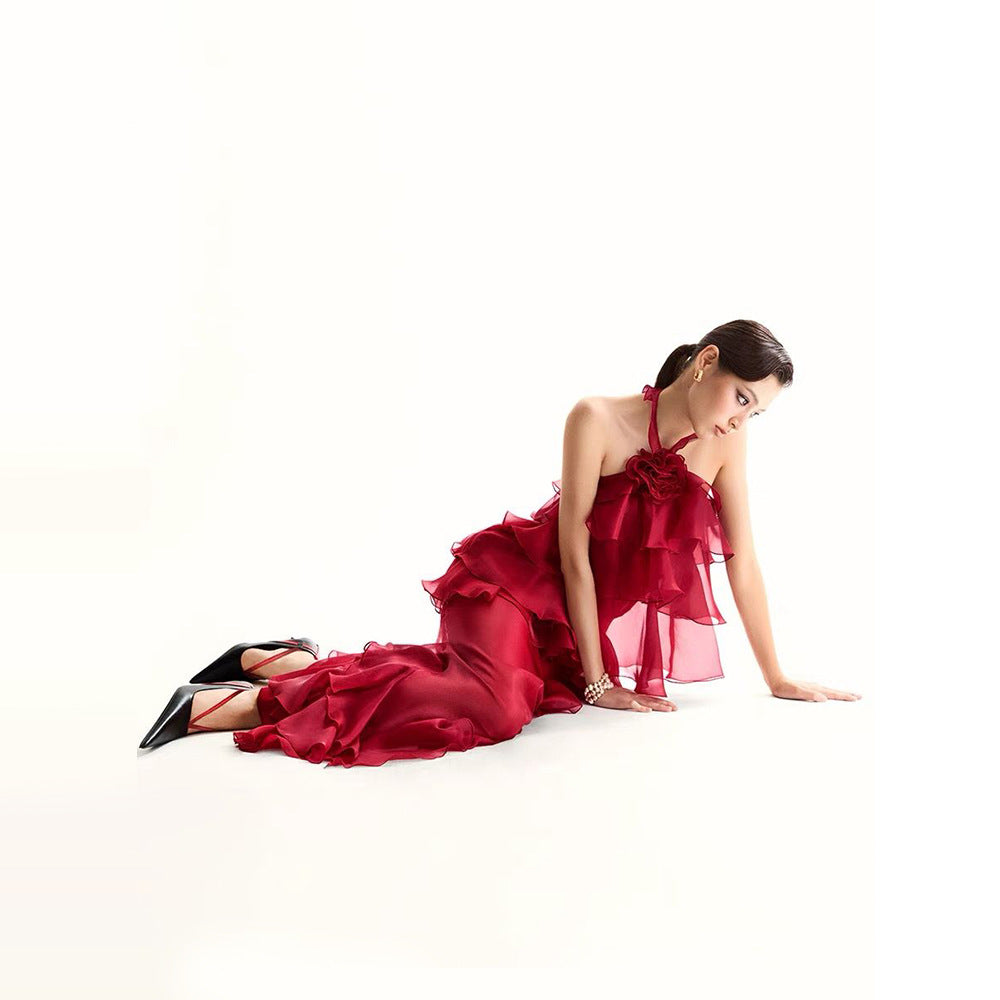 Women's Sexy Ruffles Halter Dress Flower Decorative Dresses