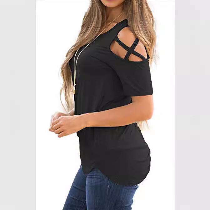 Women's Summer T-shirt Solid Color Leisure Ripped Shoulder Women's Sweater